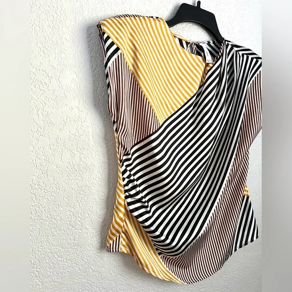 MNG Mango Brown Yellow Black White Stripes Padded shoulder Casual Blouse Tops 6 - Picture 5 of 8